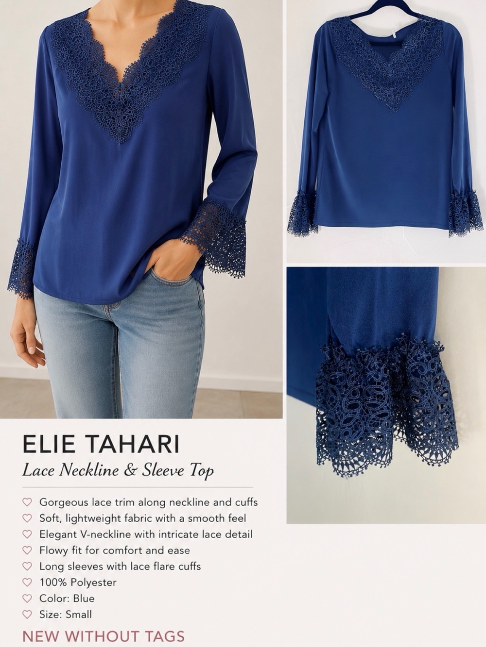 Elie Tahari top with gorgeous lace sleeves and neckline, size small